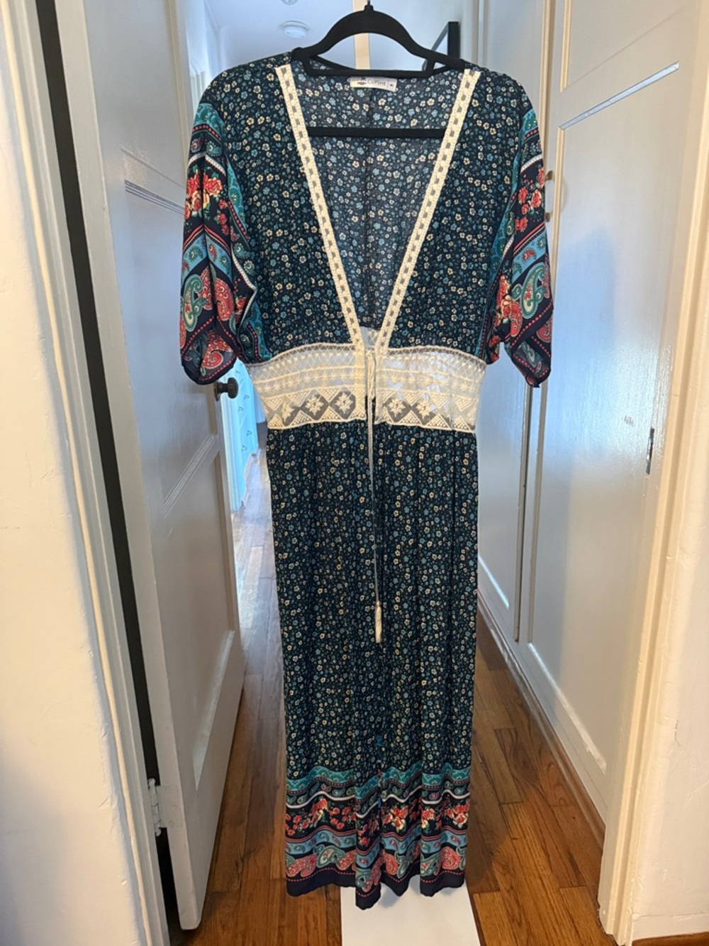 Cupshe Navy Floral Maxi Kimono coverup with Paisley Sleeve Panels and Lace Waist